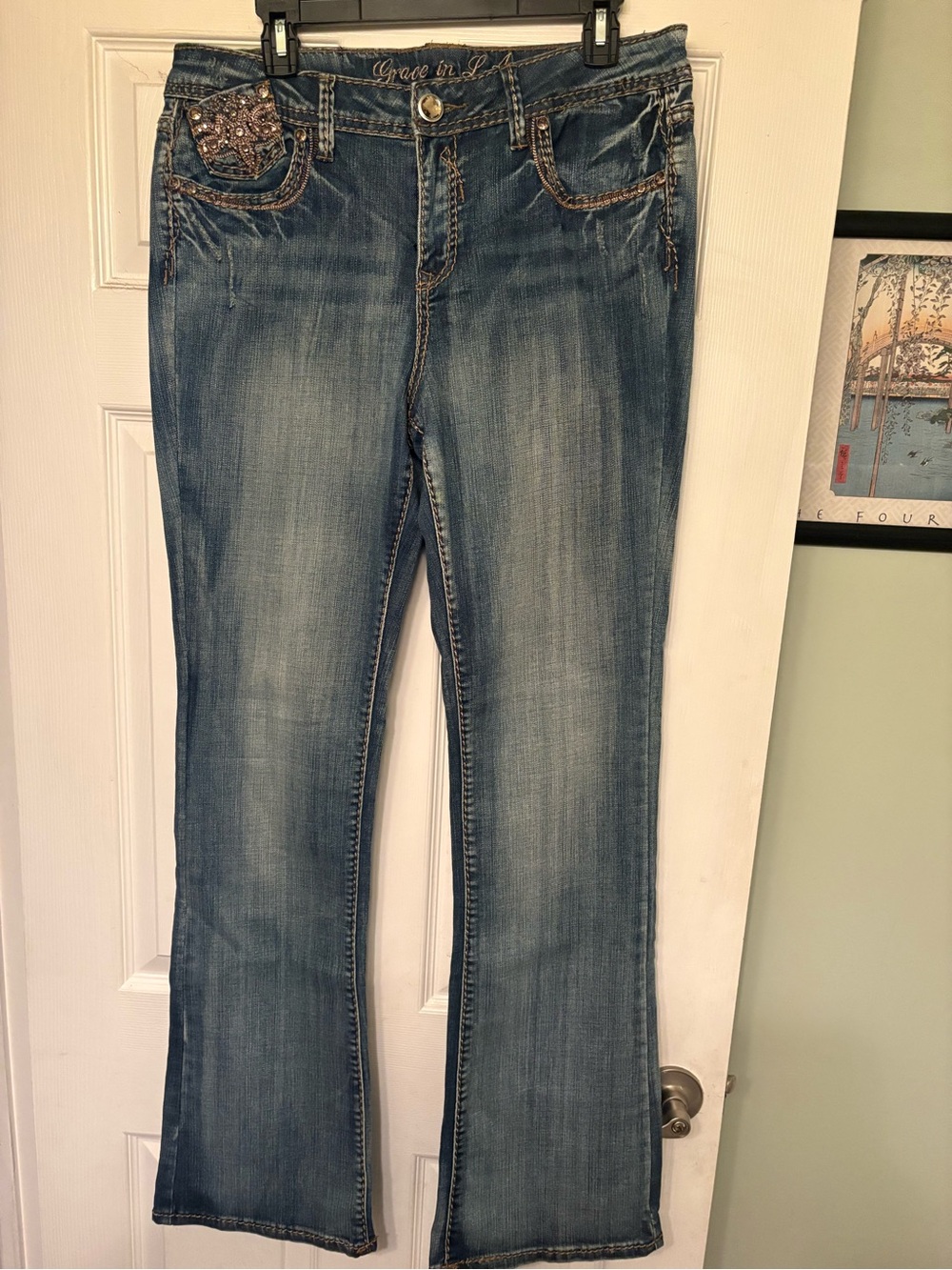 Grace in LA Medium Blue Flared Jeans with Embellished Pocket